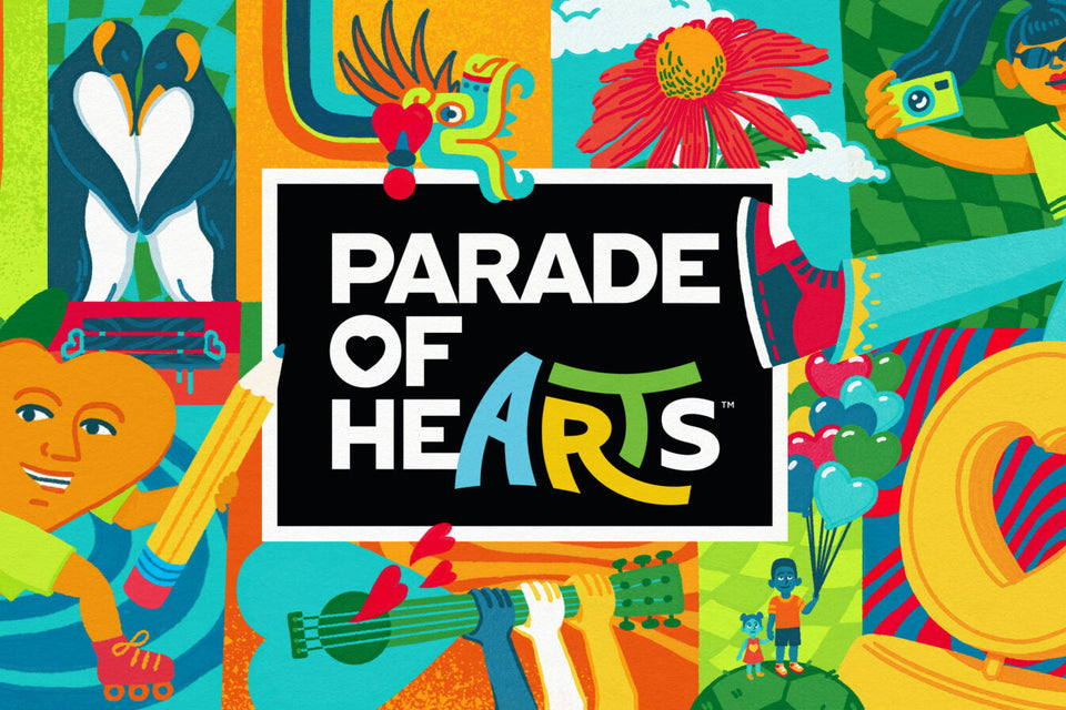 Colorful poster for 'Parade of Hearts' with abstract designs and a central logo.